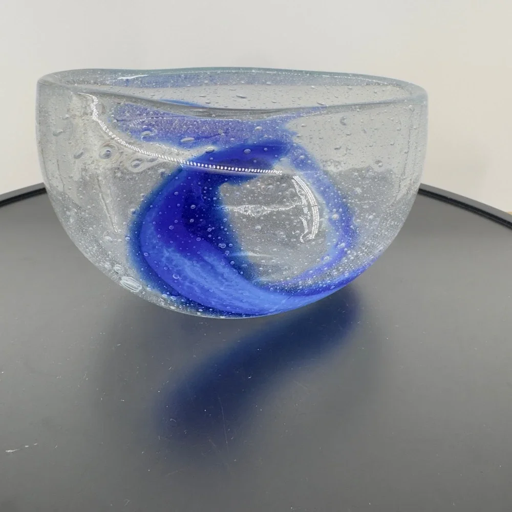 Murano Style Blown Art Glass Cobalt Blue Swirl Controlled Bubble Confetti Heavy